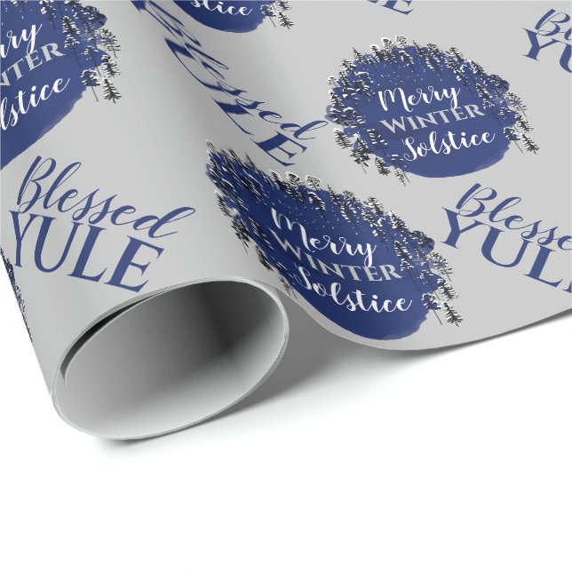 Papier Cadeau Solstice d'hiver Bleu et gris Joyeux Yule béni (Coin rond)