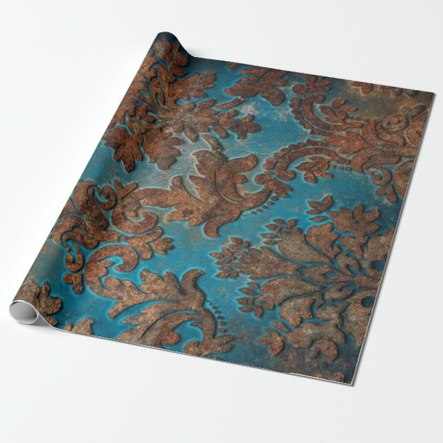 Papier Cadeau Sombre Turquoise et rouille (Déroulé)