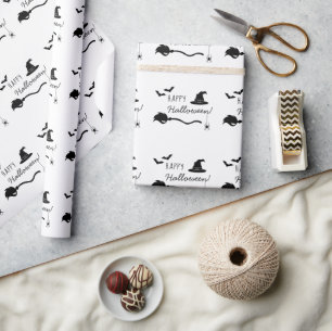 Papier Cadeau Sorcière Casquette Et Broom Avec Araignée Et Bats 