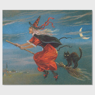 Papier Cadeau Sorcière volant avec chat noir la nuit d'Halloween