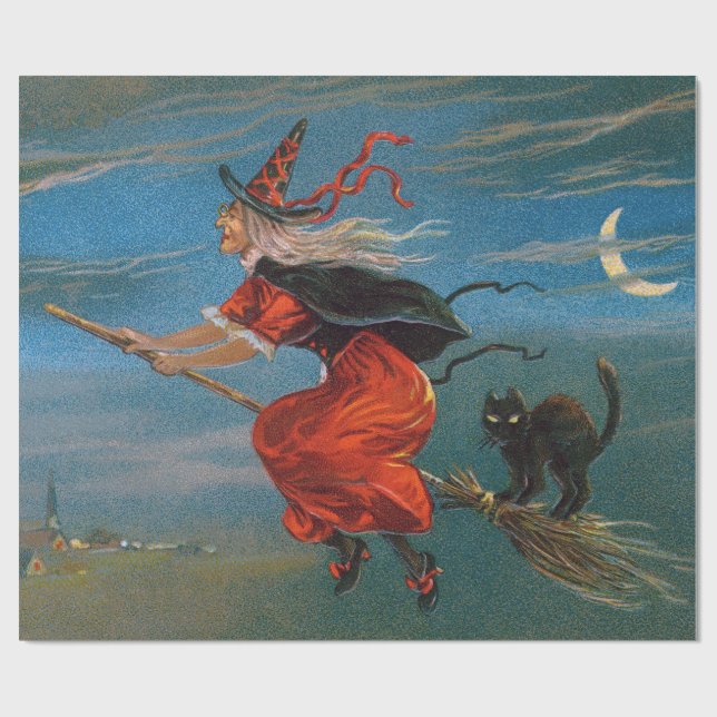 Papier Cadeau Sorcière volant avec chat noir la nuit d'Halloween (Plat)