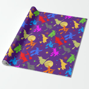 Papier Cadeau Sorcières Colorées En Vol. Motif d'Halloween