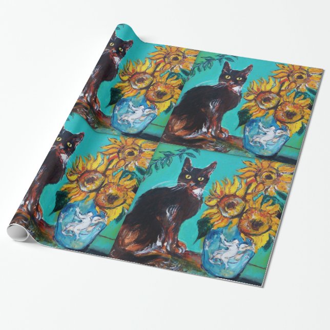 PAPIER CADEAU SOUCHES AVEC CHAT NOIR EN TURQUOISE BLEUE (Déroulé)