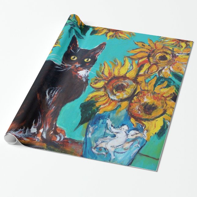 PAPIER CADEAU SOUCHES AVEC CHAT NOIR EN TURQUOISE BLEUE (Déroulé)