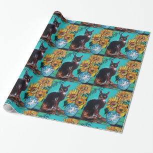 PAPIER CADEAU SOUCHES AVEC CHAT NOIR EN TURQUOISE BLEUE