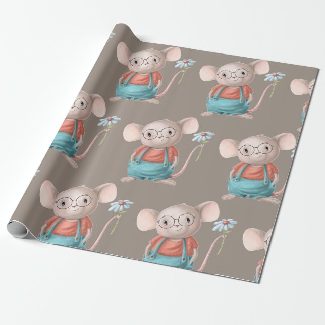Papier Cadeau Souris Animal Cartographie lunettes Anniversaire (Déroulé)