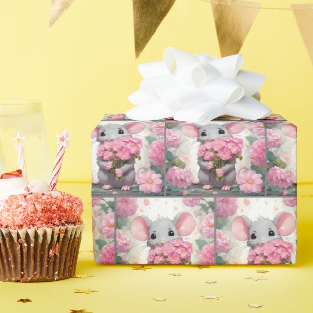 Papier Cadeau Souris Aux Fleurs Roses (Fête d'anniversaire)