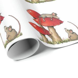 Papier Cadeau Souris avec des champignons, souris de sommeil,