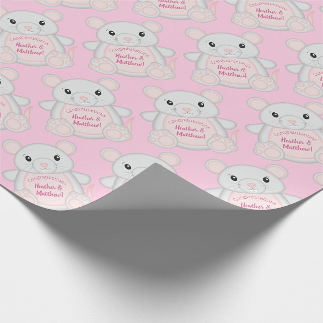 Papier Cadeau Souris Baby shower rose (Coin)