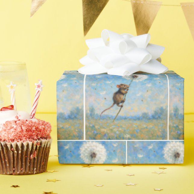 Papier Cadeau Souris flottant sur un Dandelion Fluffy (Fête d'anniversaire)