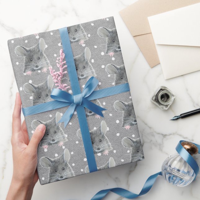 Papier Cadeau Souris grise sur Pois (Cadeaux)