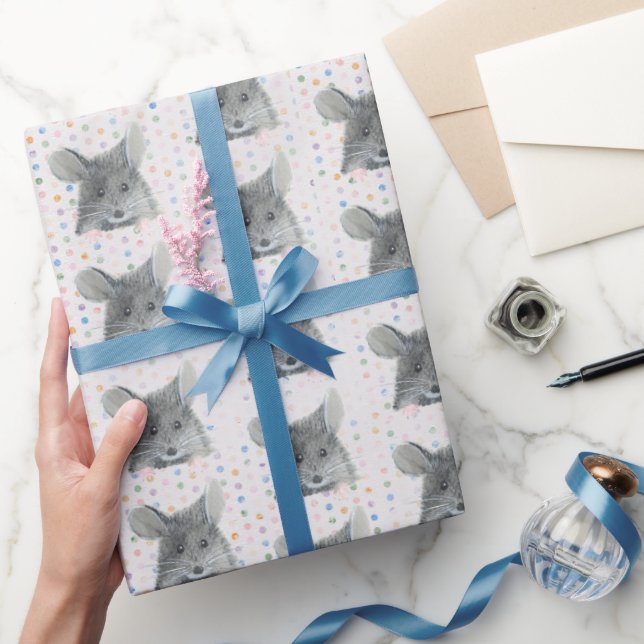 Papier Cadeau Souris grise sur Pois (Cadeaux)