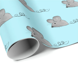 Papier Cadeau souris grises sur fond aqua clair