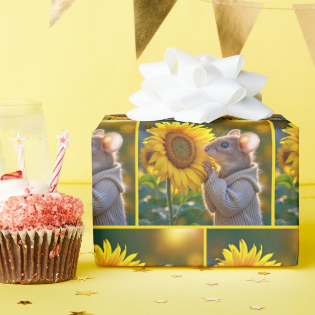 Papier Cadeau Souris qui sent un tournesol d'automne (Fête d'anniversaire)