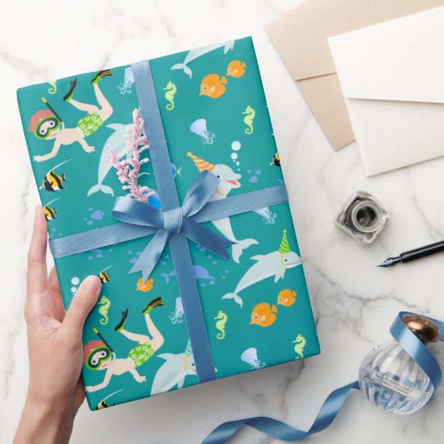 Papier Cadeau Sous la mer dauphins et fête d'anniversaire garçon (Cadeaux)