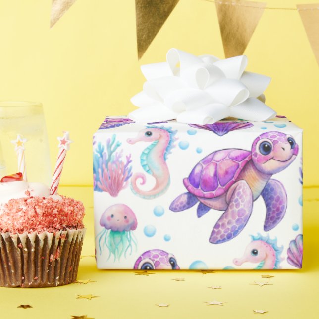 Papier Cadeau Sous la mer mignonne tortue rose violet anniversai (Fête d'anniversaire)