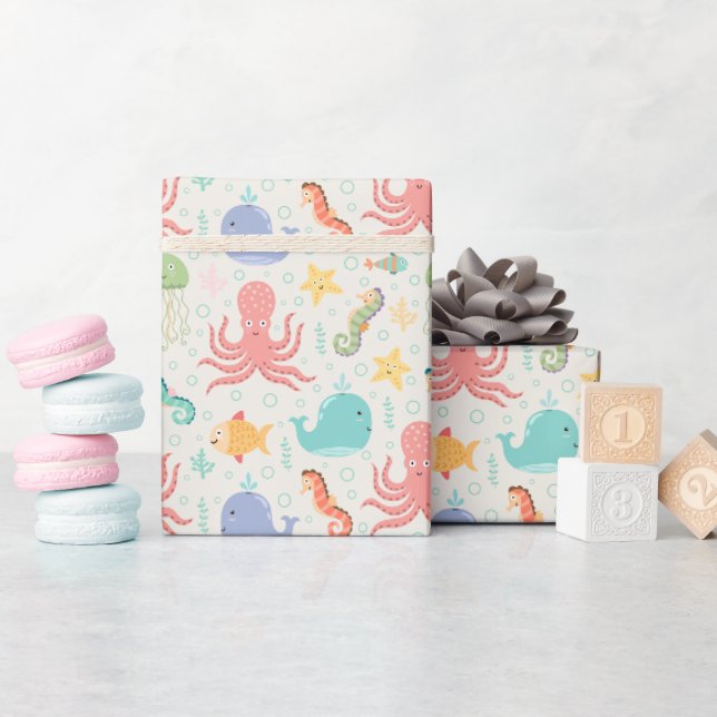 Papier Cadeau Sous la mer Octopus Sea Horse Whale Starfish (Baby Shower)