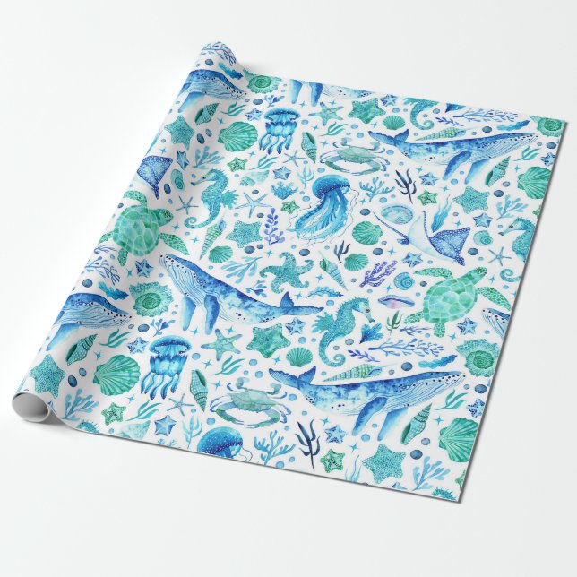 Papier Cadeau Sous le Motif d'aquarelle de mer (Déroulé)