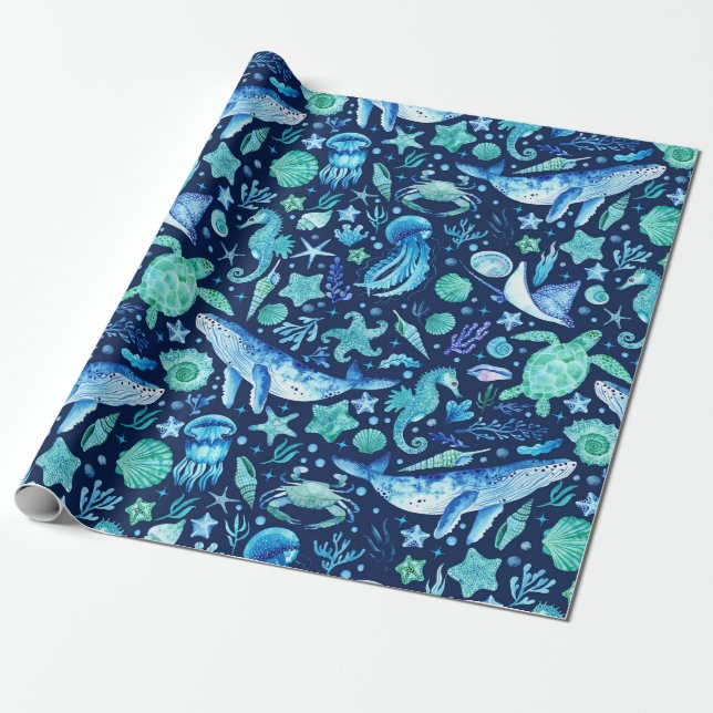 Papier Cadeau Sous le Motif d'aquarelle de mer (Déroulé)