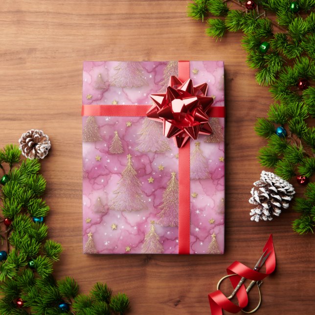 Papier Cadeau Sparkly Gold Holiday Tree on Pink (Cadeau de vacances)