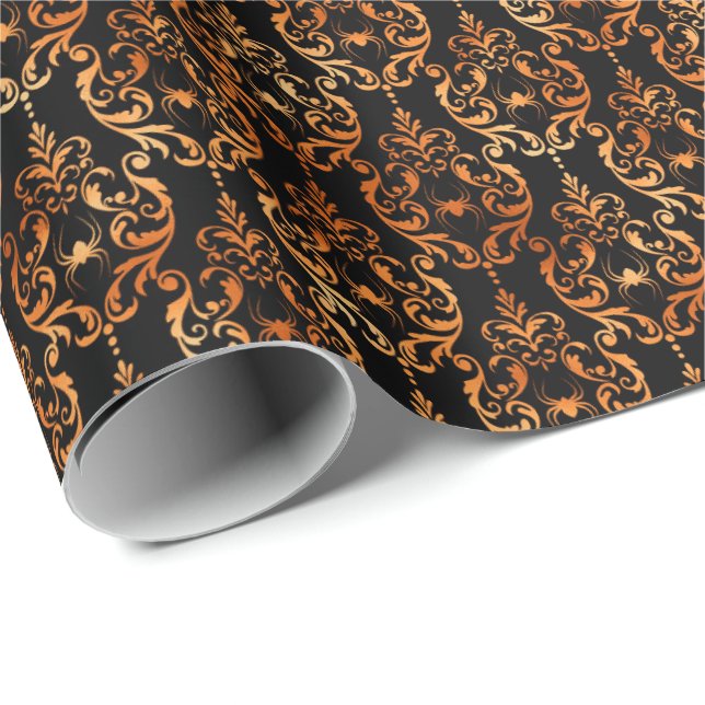 Papier Cadeau Spider Damask Cuivre noir Halloween Motif (Coin rond)