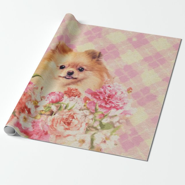 Papier Cadeau Spitz allemand mignon Poméranie avec fleurs (Déroulé)