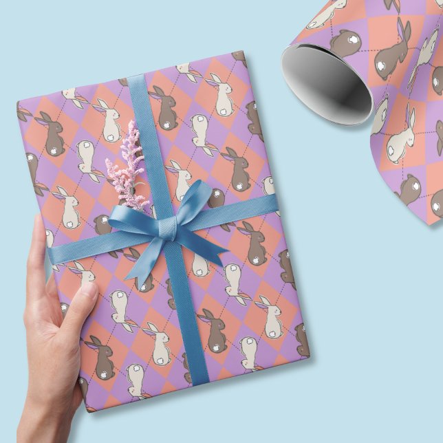 Papier Cadeau Spring Rabbit Pink and Purple Pastel Argyle  (Easter rabbit pastel wrapping paper is cute throughout spring and beyond!)
