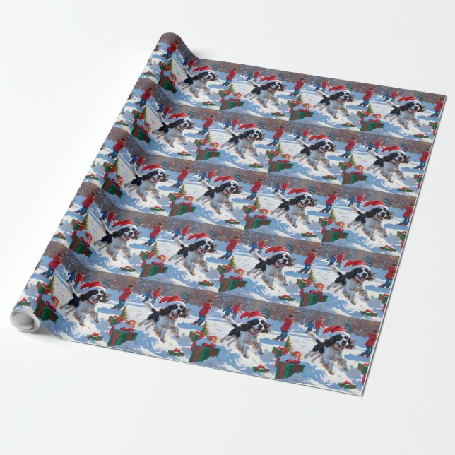Papier Cadeau Springer Spaniel coule la neige avec le Casquette  (Déroulé)