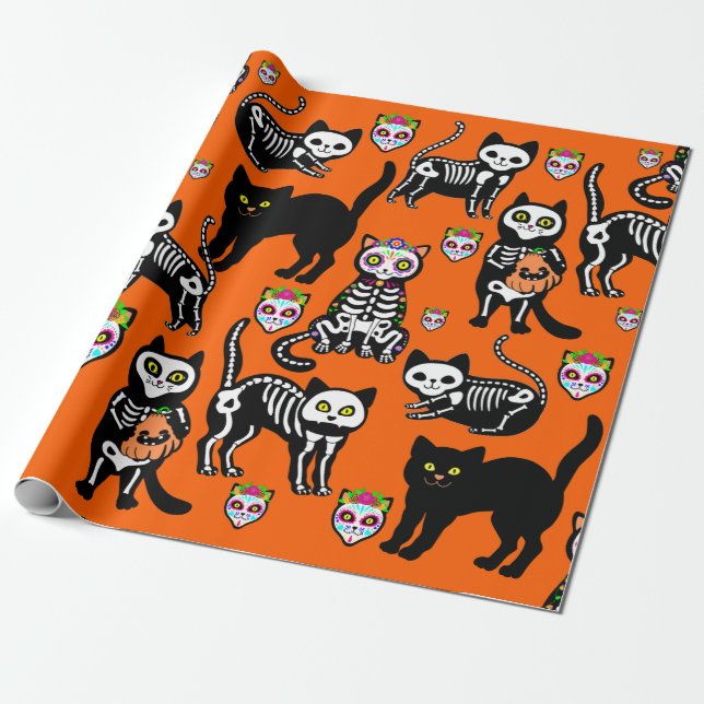 Papier Cadeau squelette de chats d'halloween orange (Déroulé)