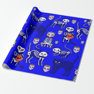 Papier Cadeau squelette du chat halloween bleu