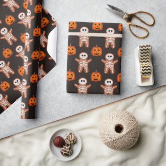 Papier Cadeau Squelette en pain d'épice Halloween et citrouille-