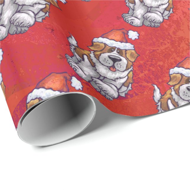 Papier Cadeau St Bernard dans le motif de casquette sur le rouge (Coin rond)