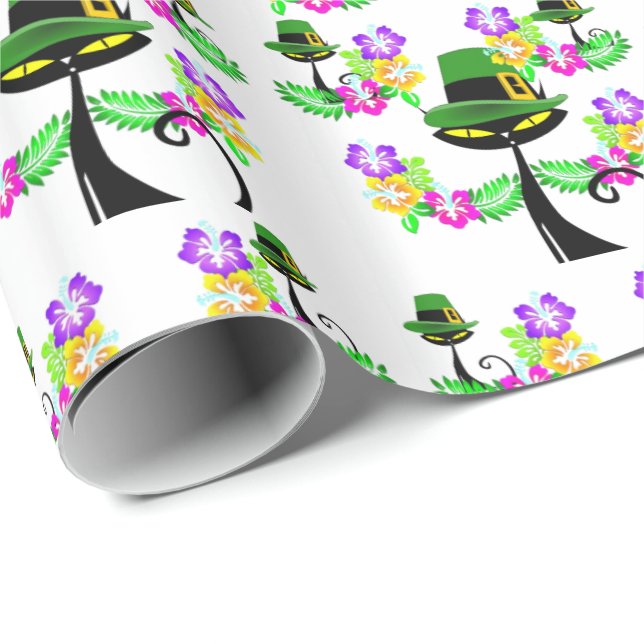 Papier Cadeau St. Patrick's Day Wrapping Papier Chat Floral (Coin rond)