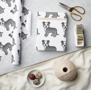 Papier Cadeau Staffie bleu et blanc Motif de chien de dessin ani