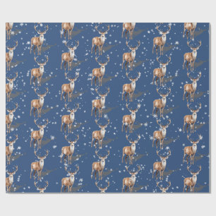 Papier Cadeau Stag Reindeer First Snowfall Noël Bleu
