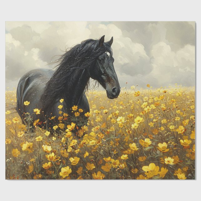 Papier Cadeau Stallion noir avec Découpage Fleur sauvage Jaune (Plat)