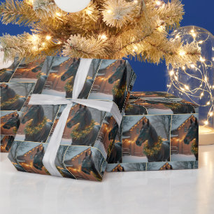Papier Cadeau Stallion portant une couronne de Noël éclairée