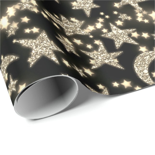 Papier Cadeau Star Moon Spark Night Galaxy Black Champaigne Gold (Coin rond)
