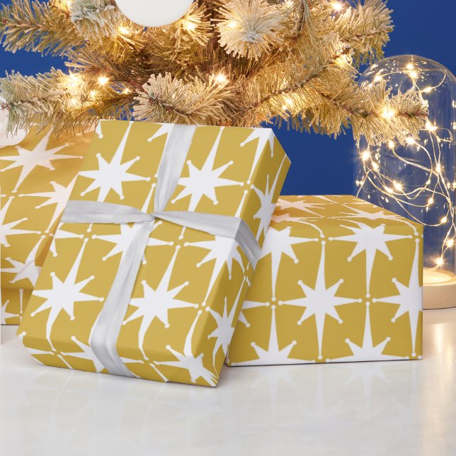 Papier Cadeau Starburts modernes du Moyen-siècle rétro Blanc mou (Vacances)