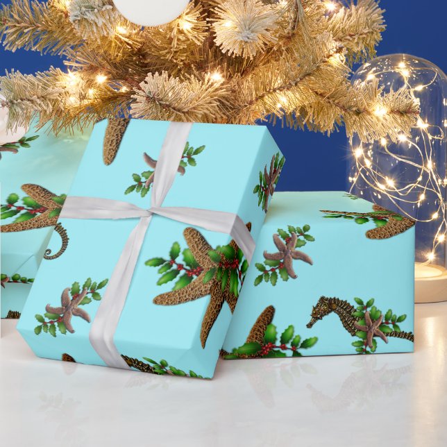Papier Cadeau Starfish Chevaux de mer Motif Noël bleu clair (Vacances)
