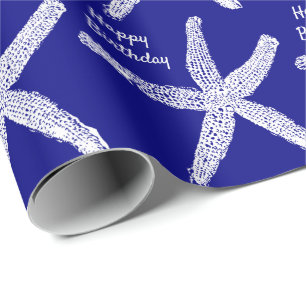 Papier Cadeau Starfish Motif Marine Bleu Blanc Joyeux Anniversai
