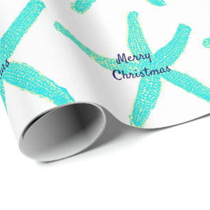 Papier Cadeau Starfish Motifs Turquoise Bleu Joyeux Noël