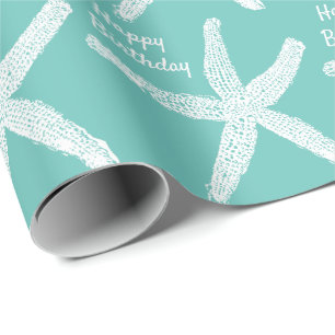 Papier Cadeau Starfish Motifs Turquoise White Beach Joyeux anniv