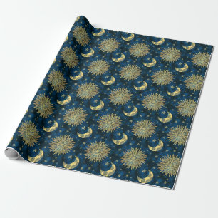 Papier Cadeau Stars céleste de la lune Bleu Tarot or