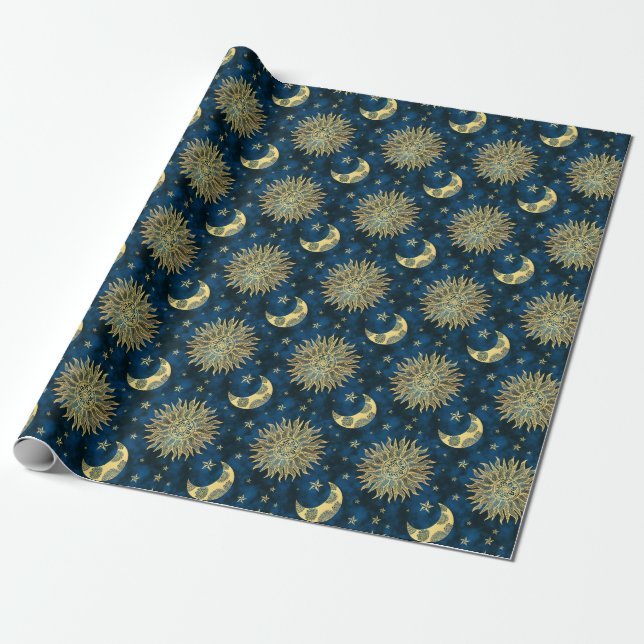 Papier Cadeau Stars céleste de la lune Bleu Tarot or (Déroulé)