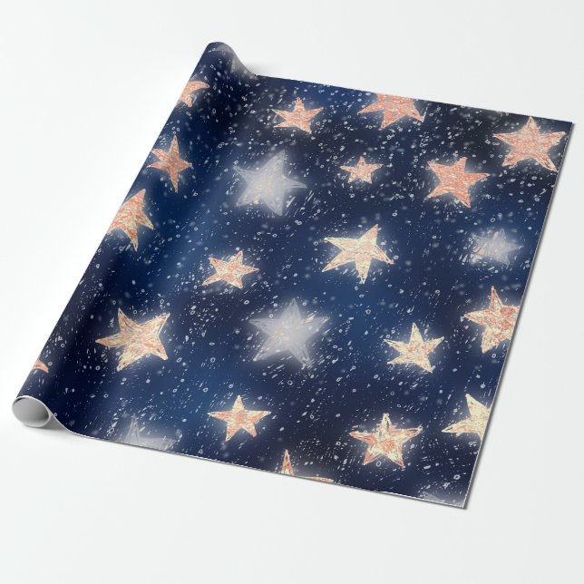 Papier Cadeau Stars Galaxy Sky Navy Blue Night Rose Gold Blush (Déroulé)
