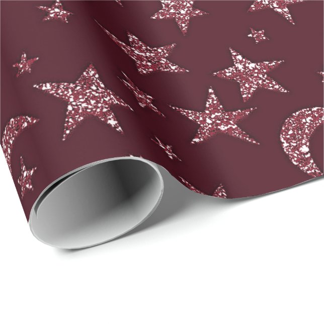 Papier Cadeau Stars Lune Sparkly Burgundy Parties scintillant Nu (Coin rond)