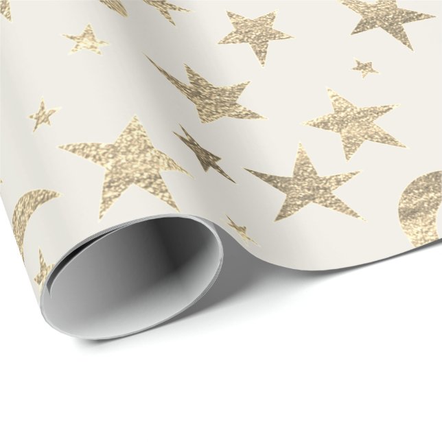 Papier Cadeau Stars Moon Ivory Creamy Gold Metal Sky Champaiment (Coin rond)