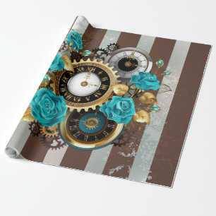 Papier Cadeau Steampunk Clock and Turquoise Roses on Striped