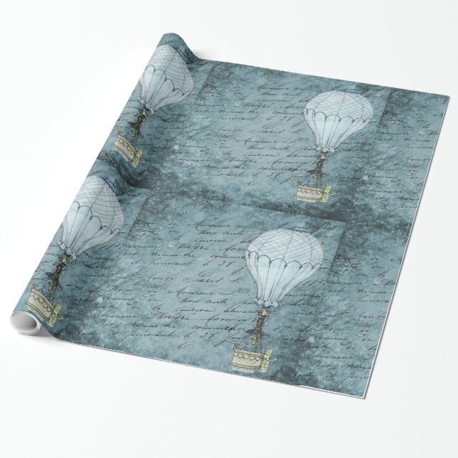 Papier Cadeau Steampunk Hot Air Balloon Dusk Blue écriture manus (Déroulé)